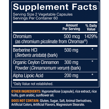 Supplement Facts for Vthrive Blood Sugar Capsules 500 MG