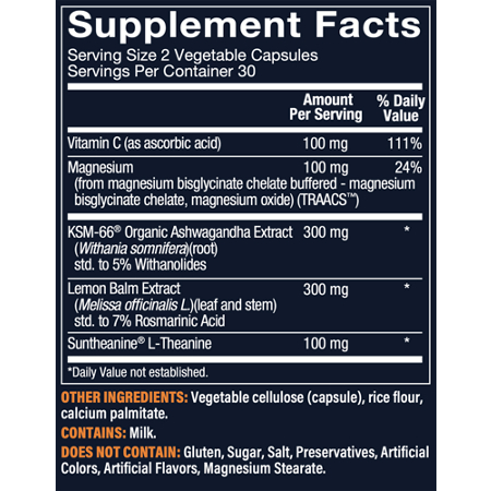 Supplement Facts label for Vthrive Relax and Restore Vegetarian Capsules