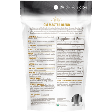 Supplement Facts label for Om Organic Mushrooms Mushroom Master Blend Powder