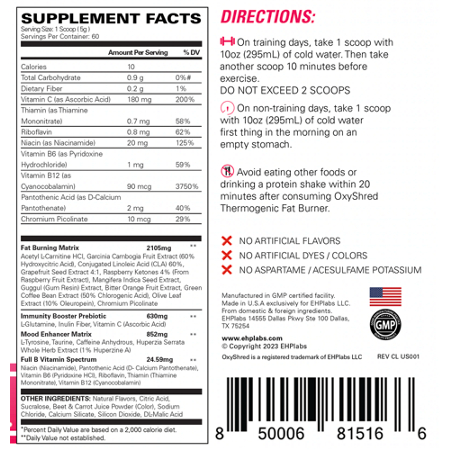 EHP Labs OxyShred Cosmic Blast Supplement Label