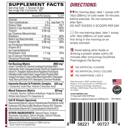 EHP Labs OxyShred Passion Fruit Supplement Label