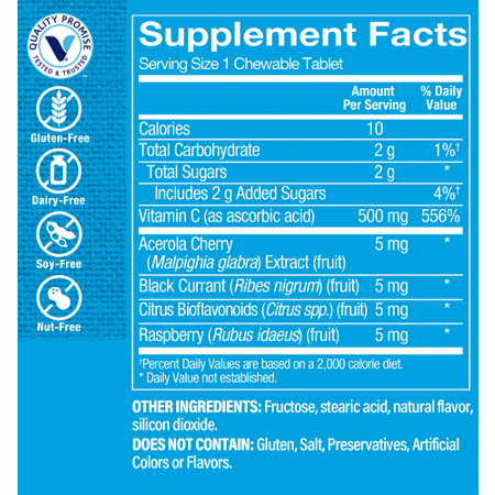 Supplement Facts label for Chewable Vitamin C-500 Cherry