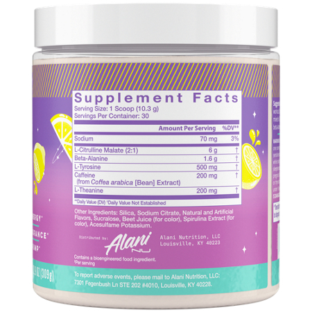 Alani Nu Pre-Workout Supplement Facts: Galaxy Lemonade