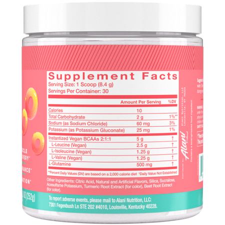 Supplement Facts label for Alani Nu BCAA Sour Peach Rings
