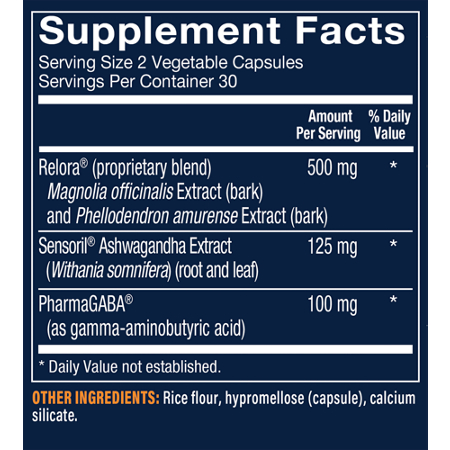 Supplement Facts label for Vthrive Mood Balance Vegetable Capsules