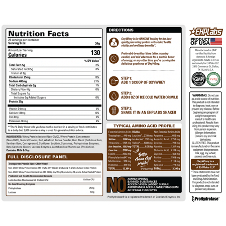 Supplement Facts label for EHP Labs OxyWhey Lean Wellness Protein Choc Caramel