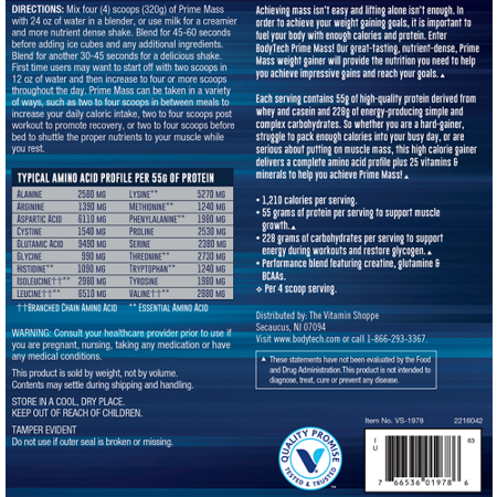 Directions for BodyTech Prime Mass High Protein Weight Gainer Powder Chocolate