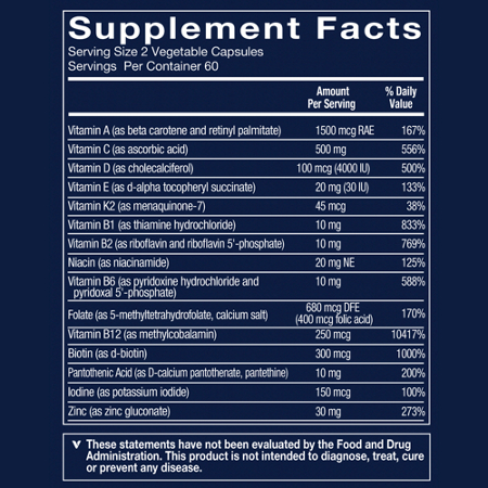 Vthrive Immune Multivitamin Supplement Facts Label