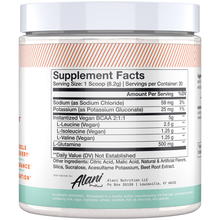 Supplement Facts label for Alani Nu BCAA Hawaiian Shaved Ice