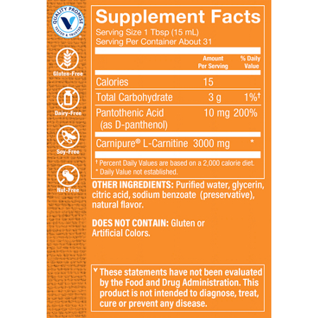 Supplement Facts label for L-Carnitine Amino Acid 3000 MG