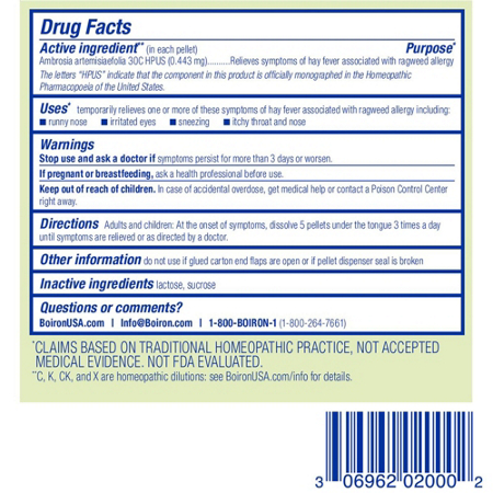 Directions for Boiron Ambrosia Artemisiaefolia Meltaway Pellets