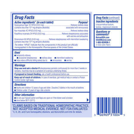 Drug Facts label for Boiron SleepCalm tablets