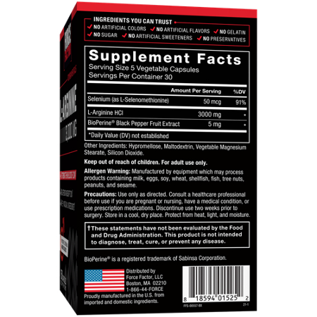 Supplement Facts label for Force Factor L-Arginine 3000 MG
