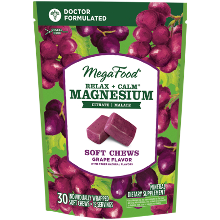 Megafood Relax + Calm Magnesium soft chews grape flavor bag front