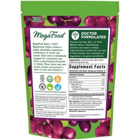Megafood Relax + Calm Magnesium Soft Chews bag back