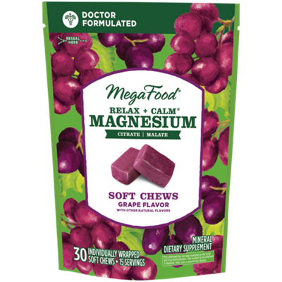 Relax + Calm Magnesium Soft Chews - Contains Magnesium Citrate & Malate - Grape (30 Soft Chews)