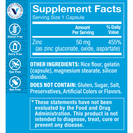 Supplement Facts label for Zinc Immune & Antioxidant Support 50 MG Per Serving