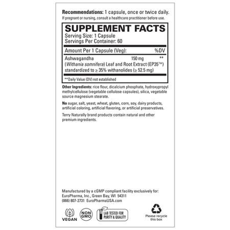 Terry Naturally Ashwagandha EP35 supplement label