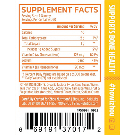 Zhou Nutrition D3 + K2 Gummies Supplement Label