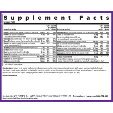 Supplement Facts label for New Chapter One Daily Prenatal Multivitamin Tablets