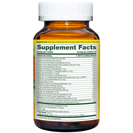 Supplement Facts label for Megafood Baby & Me 2 Postnatal Multivitamin