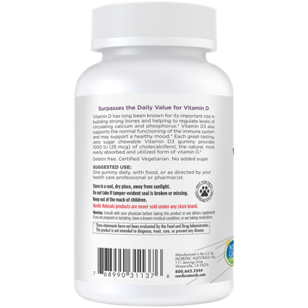 Nordic Naturals Zero Sugar Vitamin D3 Gummies bottle back