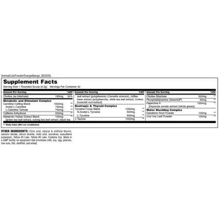 Supplement Facts label for Universal Animal Cuts Metabolic Support Orange Mango