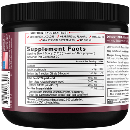 Supplement Facts label for Total Beets Energizing Drink