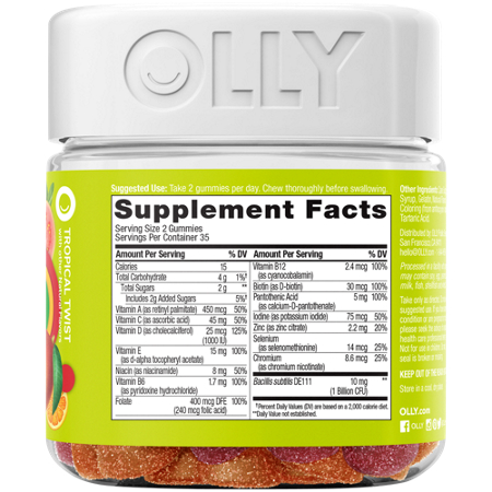Supplement Facts label for Olly Adult Multi Plus Probiotic Gummy Tropical Twist