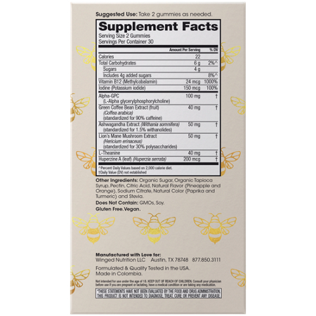 Supplement Facts label for Winged Rise Up Energy Focus Gummies