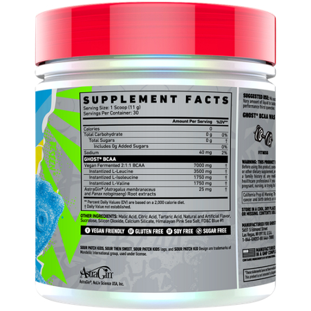 Supplement Facts label for GHOST BCAA SOUR PATCH KIDS BLUE RASPBERRY