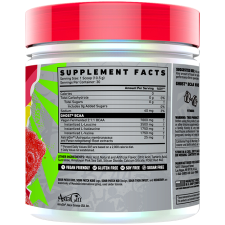 Supplement Facts label for GHOST BCAA SOUR PATCH KIDS REDBERRY