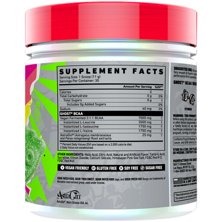 Supplement Facts label for GHOST BCAA SOUR PATCH KIDS WATERMELON