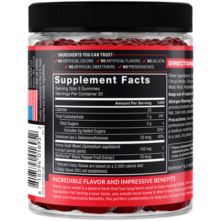 Supplement Facts label for Force Factor Horny Goat Weed Gummies Libido Support