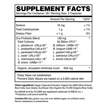 Ora Organic Probiotic Supplement Facts Label, 52 Billion CFUs
