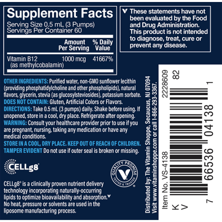 Supplement Facts label for Vthrive Liposomal Vitamin B12 Spray