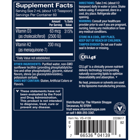 Supplement Facts label for Vthrive Liquid Liposomal Vitamin D3 & K2