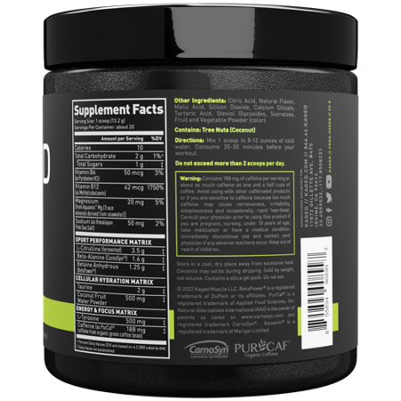 Supplement Facts label for KAGED Pre-Kaged Sport Pre-Workout Glacier Grape