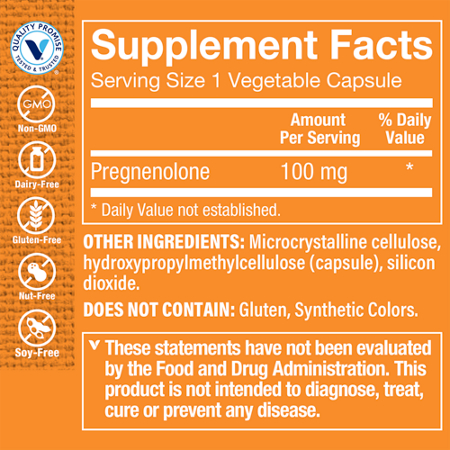 Supplement Facts label for Pregnenolone Hormonal Support 100 MG