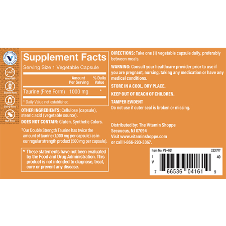 Supplement Facts label for The Vitamin Shoppe Double Strength Taurine 1000 MG