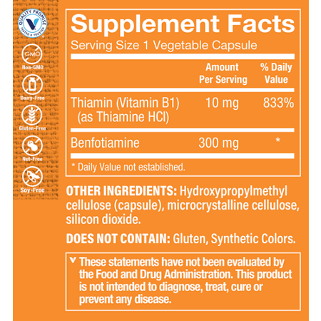 Benfotiamine 300 MG Supplement Facts Label
