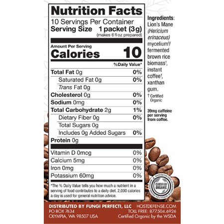 Supplement Facts label for Host Defense Mushrooms MycoBrew Coffee Powder Mix