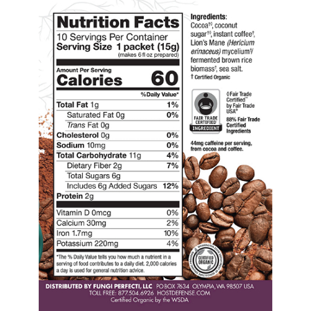 Supplement Facts label for Host Defense Mushrooms MycoBrew Mocha Powder Mix