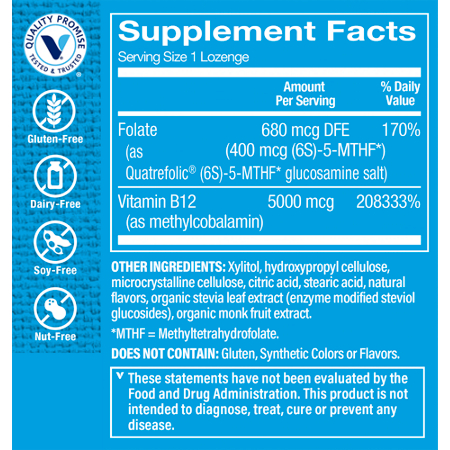 Supplement Facts label for Vitamin B12 Methylcobalamin 5000 MCG