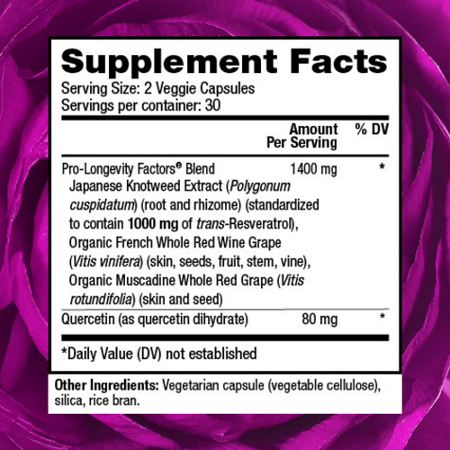 Supplement Facts label for Reserveage Nutrition Resveratrol capsules 1000 MG