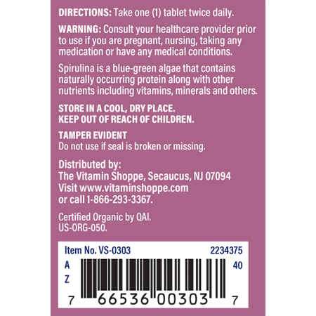 Directions for The Vitamin Shoppe Organic Spirulina Tablets 500 MG