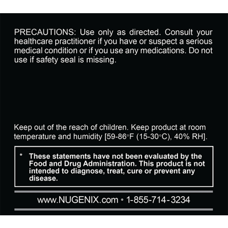 Directions label for Nugenix Essentials Tribulus Ultra-Pure Extract 1000 MG