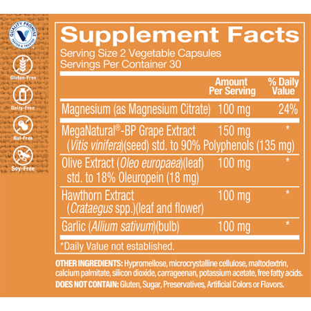 Supplement Facts label for Blood Pressure Support Capsules