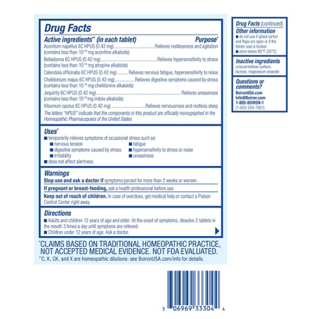Drug Facts label for Boiron StressCalm Homeopathic Medicine for Stress Relief