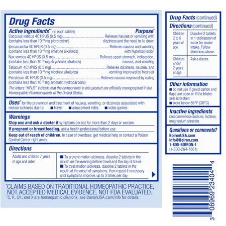Boiron MotionCalm directions label for motion sickness relief